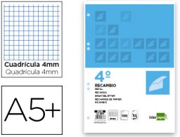 Recambio Liderpapel 4º 100h 60g/m² c/4mm. con margen 6 taladros